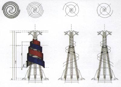 Эскизы чертежей Башни Дракона показывают всю сложность проекта размещения двух перемежающихся между собой светодиодных полотен