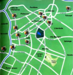 Карта расположения светодиодных экранов сети Eletromidia в Сан Пауло